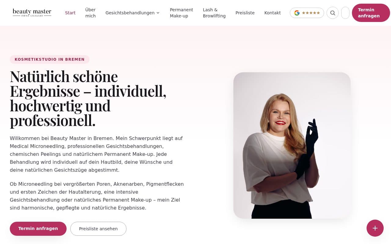 Startseite der Website von Beauty Master, einem Kosmetikstudio in Bremen
